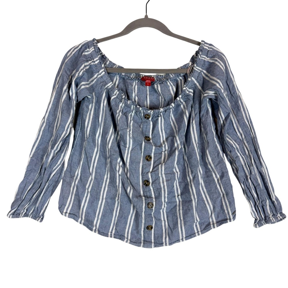Guess Blouse Womens Small Blue Stripe Off Shoulder‎ Button Front Long Sleeve Top